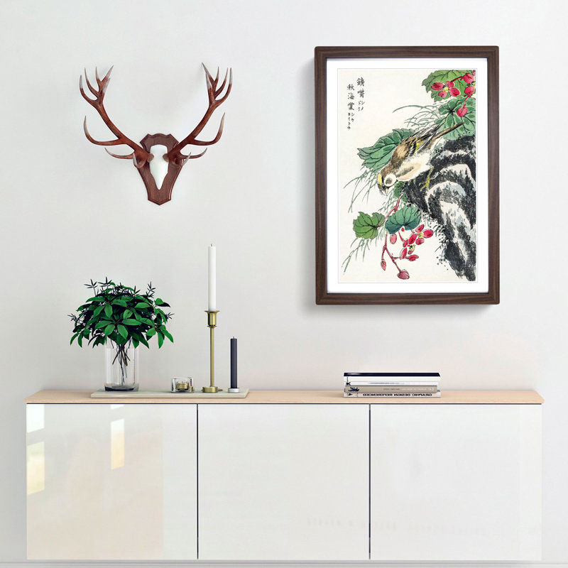 Japanese Hawfinch by Numata Kashu - Picture Frame Painting Print, Walnut Framed, 87cm H x 62cm W x 2cm D