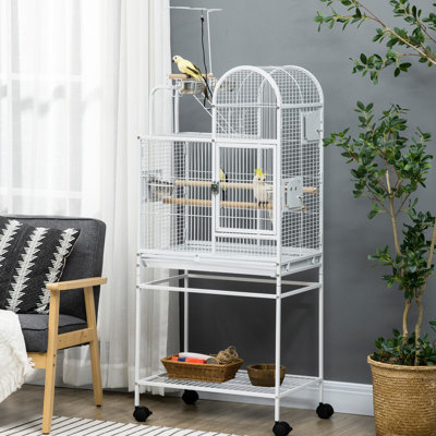 Cage à perroquet 55 po, acier blanc, crochets, perchoirs, gobelets, support roulant pour oiseaux