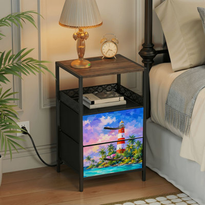 2 Drawers Nightstand with Charging Station, Bedroom Nightstand with USB Ports, Outlets Open Shelf Black, night stand with Coastal Lighthouse Palm Trees Colorful Sky Print
