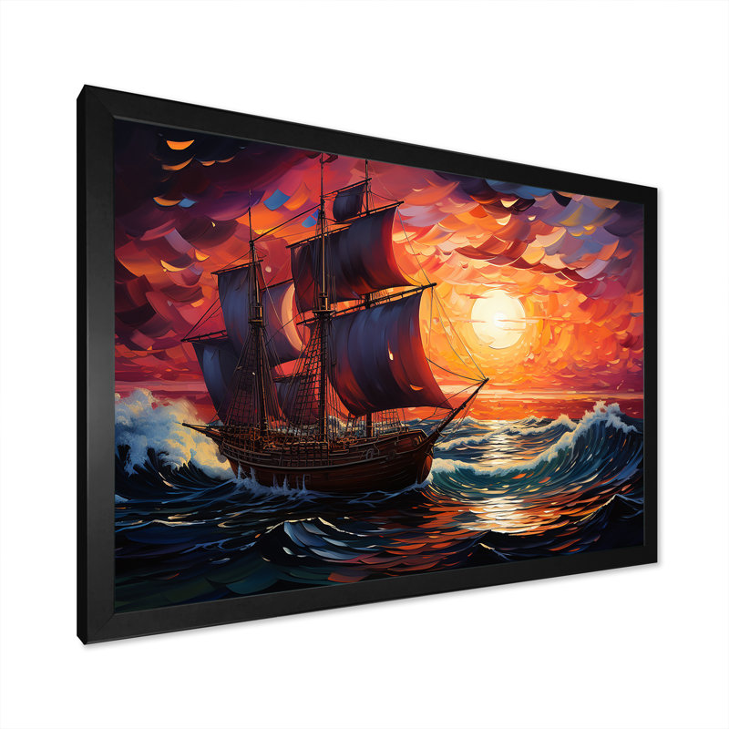 Bateau pirate au milieu de Legacy I - Bateau, art mural, Cadre d'angle fermé noir, H 24 po x l 32 po x P 1 po