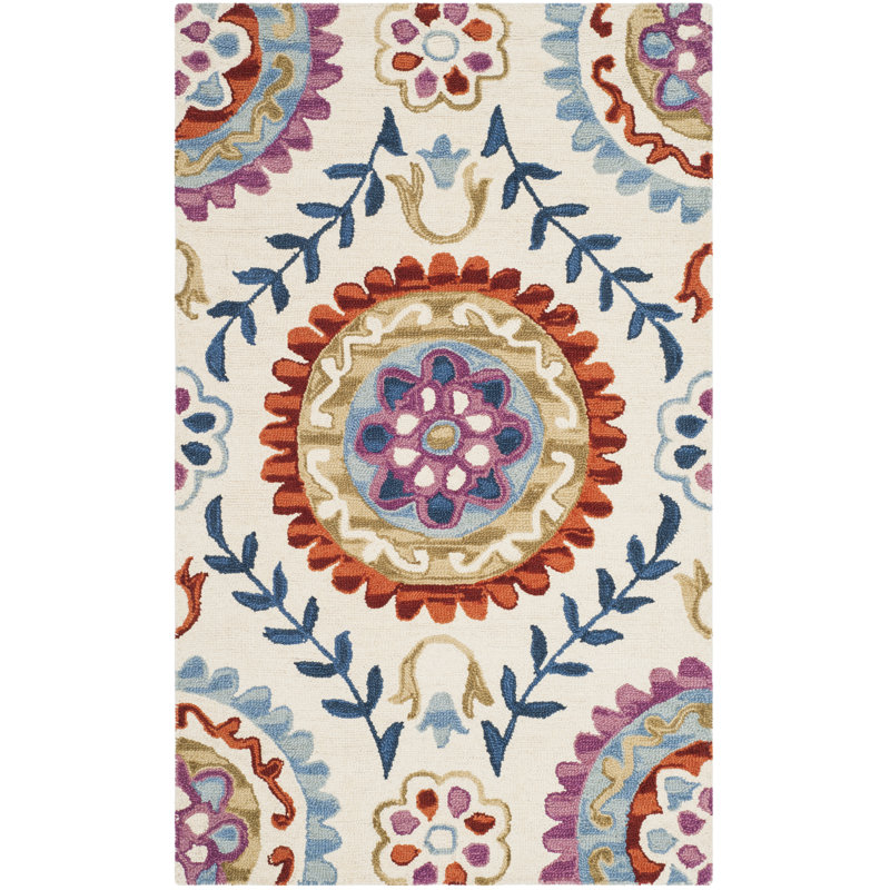 Suzani Hand Hooked Wool And Cotton Floral Rug, Rectangle 2' x 3'