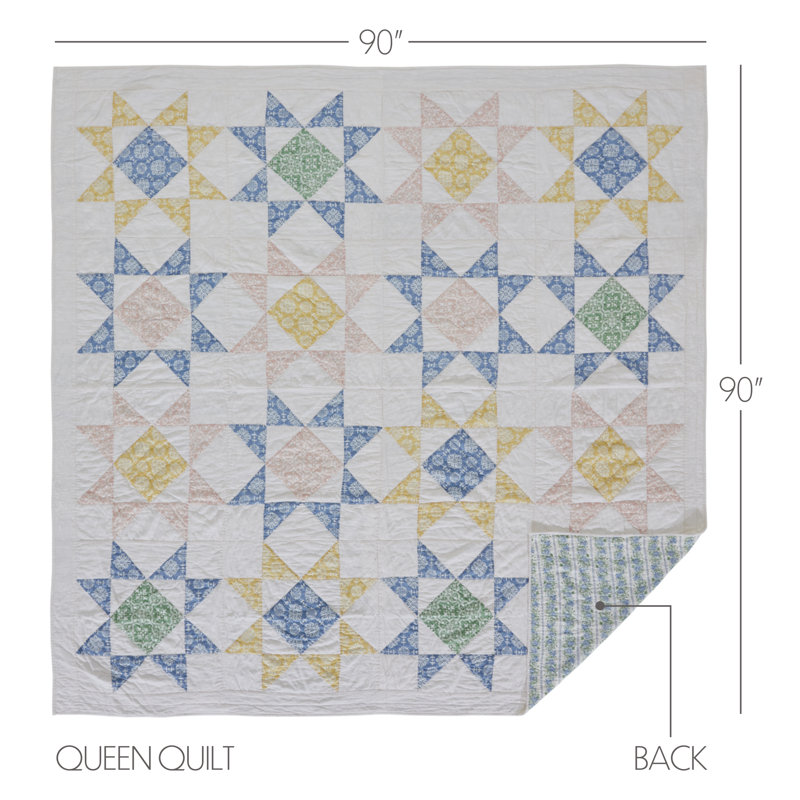 Adda Cream/Dusty Blue/Green Cotton Reversible Quilt, Queen Quilt