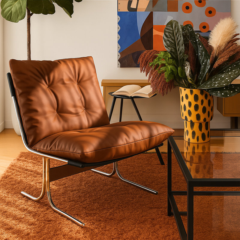 Fauteuil d'appoint à dossier haut en similicuir haut de gamme Mid-Century avec structure en métal, Similicuir brun