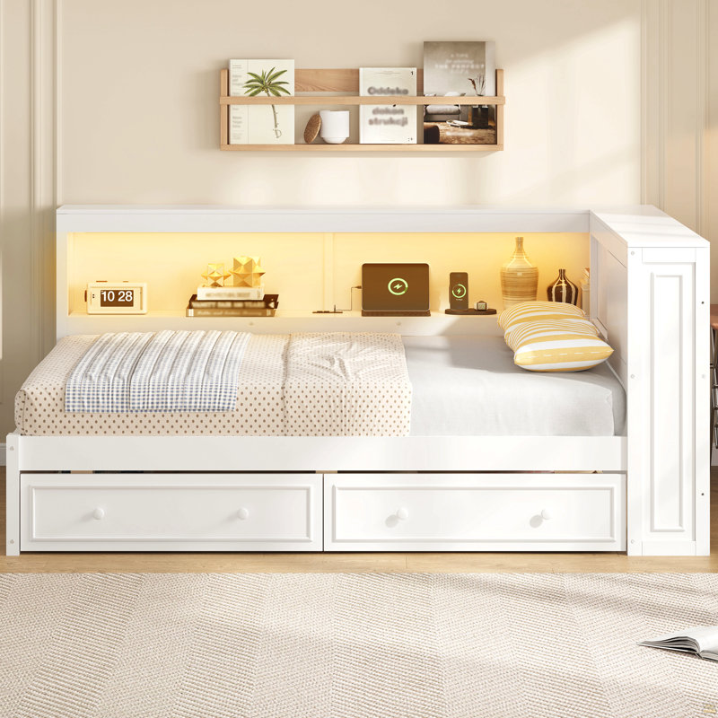Lit de jour en bois pleine grandeur avec tablettes de rangement, USB, DEL et 2 tiroirs, Blanc