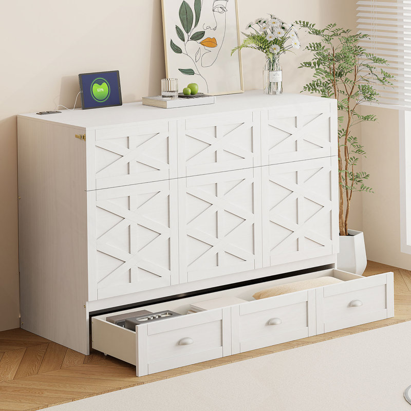 Grand lit escamotable grand avec grands tiroirs, blanc brossé, Blanc, Grand