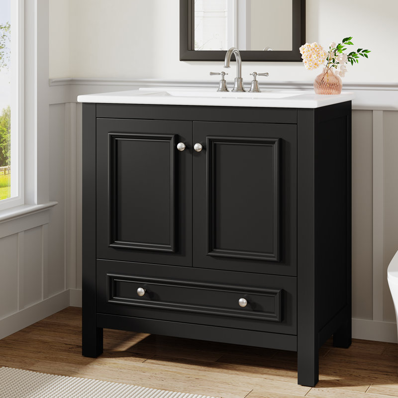 Meuble-lavabo autoportant avec cadre en bois massif 30 po avec lavabo et organisateur de porte, Noir, 30"