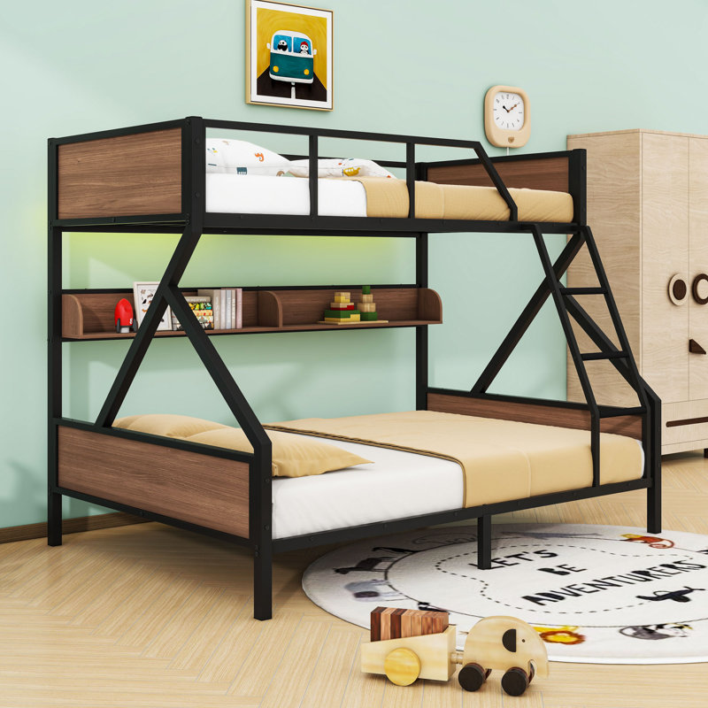 Metal Bunk Bed With Shelves And Lights, Twin Over Full