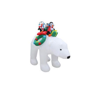 8 Foot Tall Lighted Christmas Inflatable  Penguins Friend on Polar Bear with Wreath Indoor / Outdoor Holiday Blow Up Yard Garden Decoration
