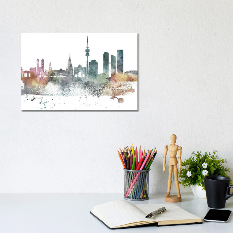 Munich Pastel Skyline by WallDecorAddict - Wrapped Canvas Print, 20.32 cm H x 30.48 cm W