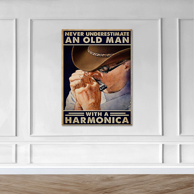 «Old Man jouant de l'harmonica», art textuel sur toile tendue, H 36 po x l 24 po x P 2 po
