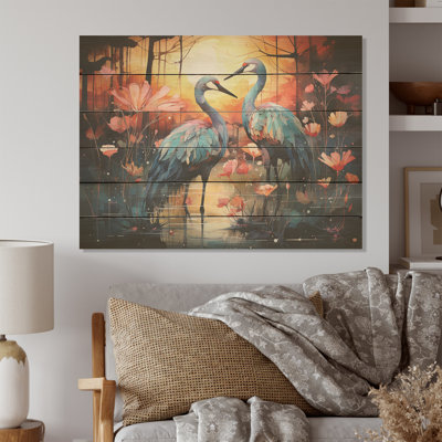 Flamant rose crépuscule - flamant rose, art mural sur bois de pin naturel