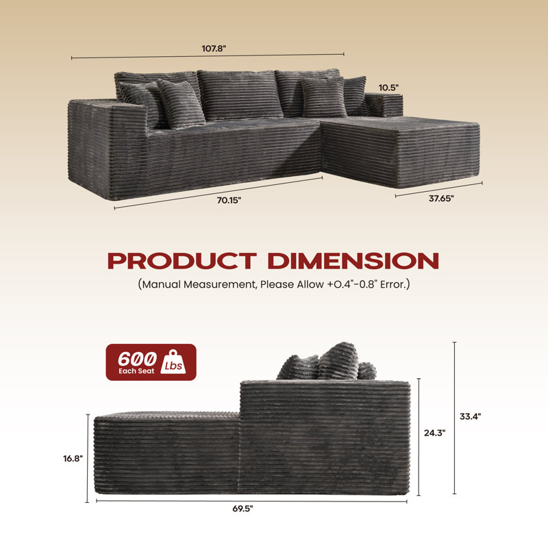 Hartwig 2 - Piece No Assembly Required Upholstery Boneless Compression Sofa, Free Combination Cloud Sectional Couch with L-Shape Chaise, Deep Seat Modular Sofa for Living Room Bedroom