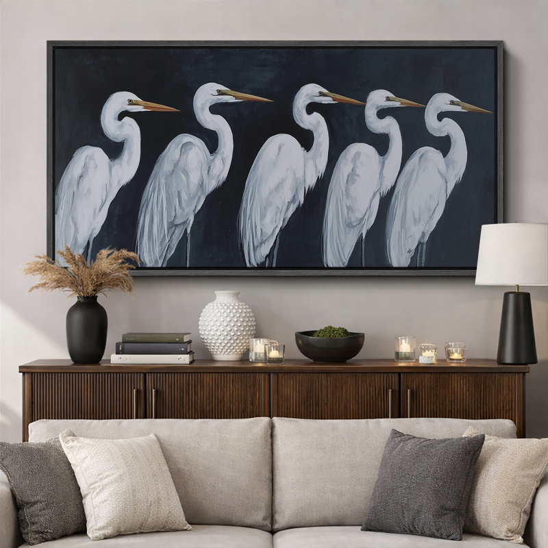 «White Heron Birds», impression sur toile encadrée, Noir, H 30 po x l 60 po x P 1,5 po