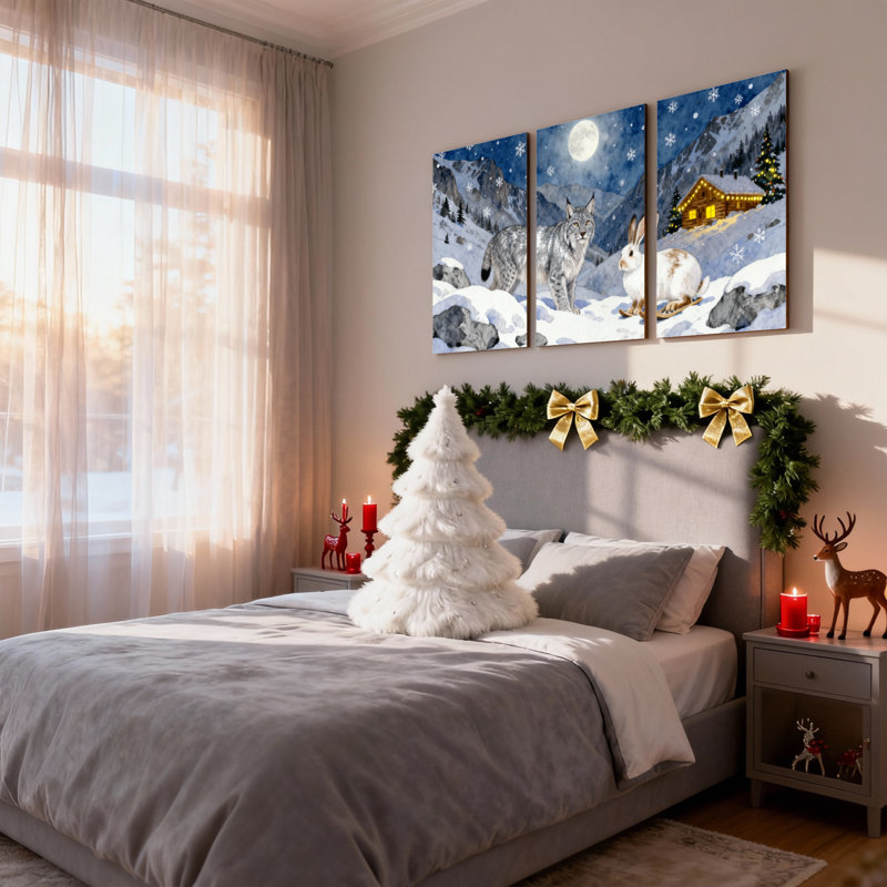 «Christmas Snowy Mountain Landscape with Lynx and Rabbit», ensemble de 3 reproductions d'art sur toile, H 30 po x l 60 po