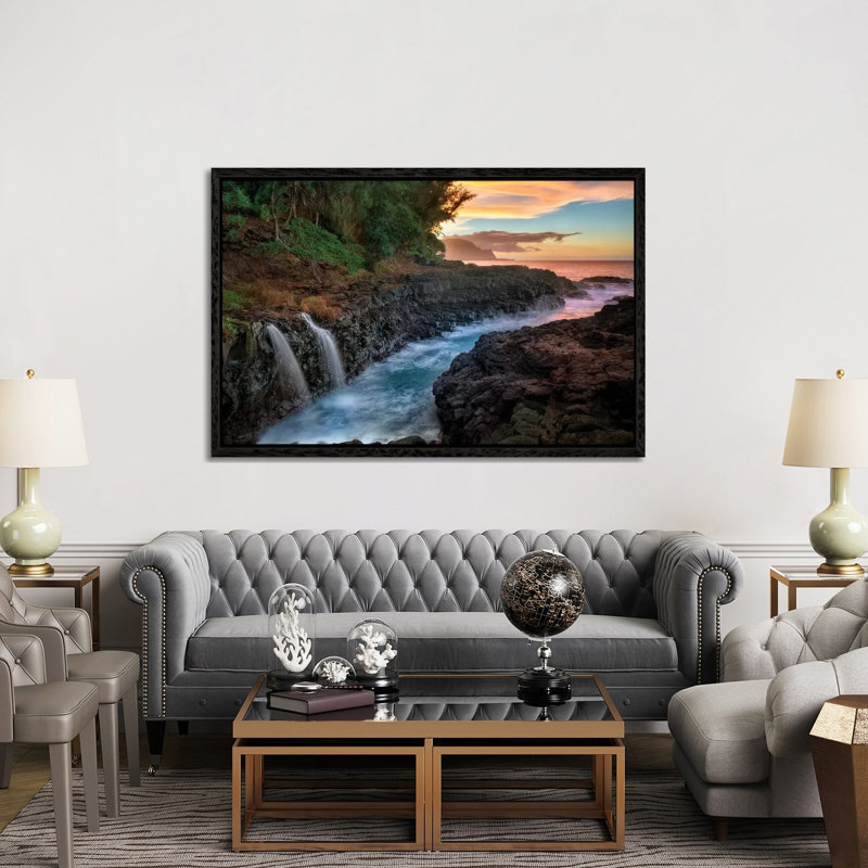 Hidden Waterfalls by Dennis Frates - Print on Canvas, 101.6cm H x 152.4cm W x 3.81cm D, Black Framed