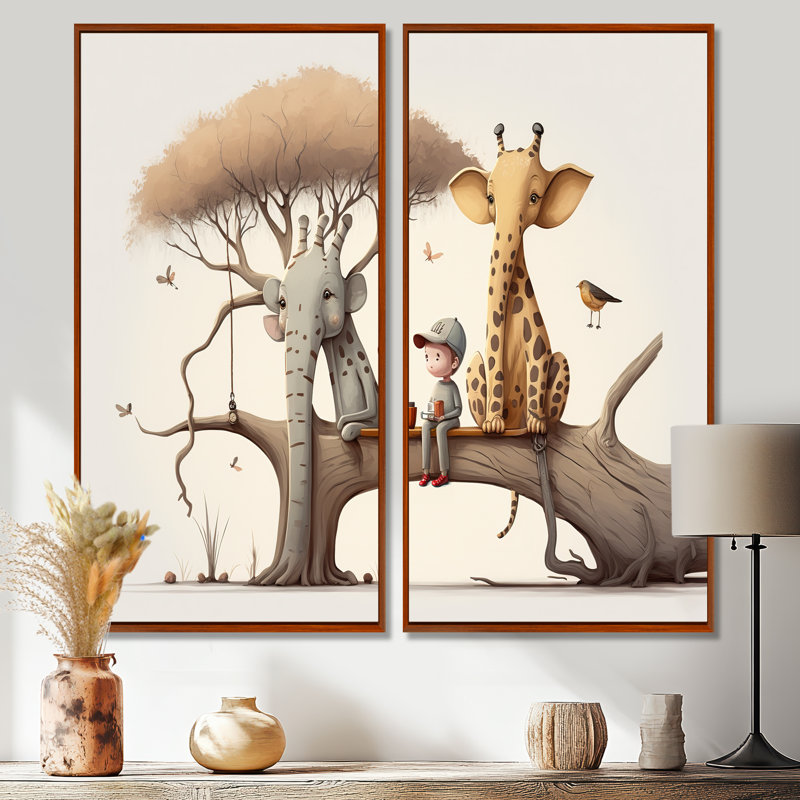 Giraffe And Elephant With Kids - Cream Canvas Prints, 32" H x 32" W, Impression encadrée flottante, Brown