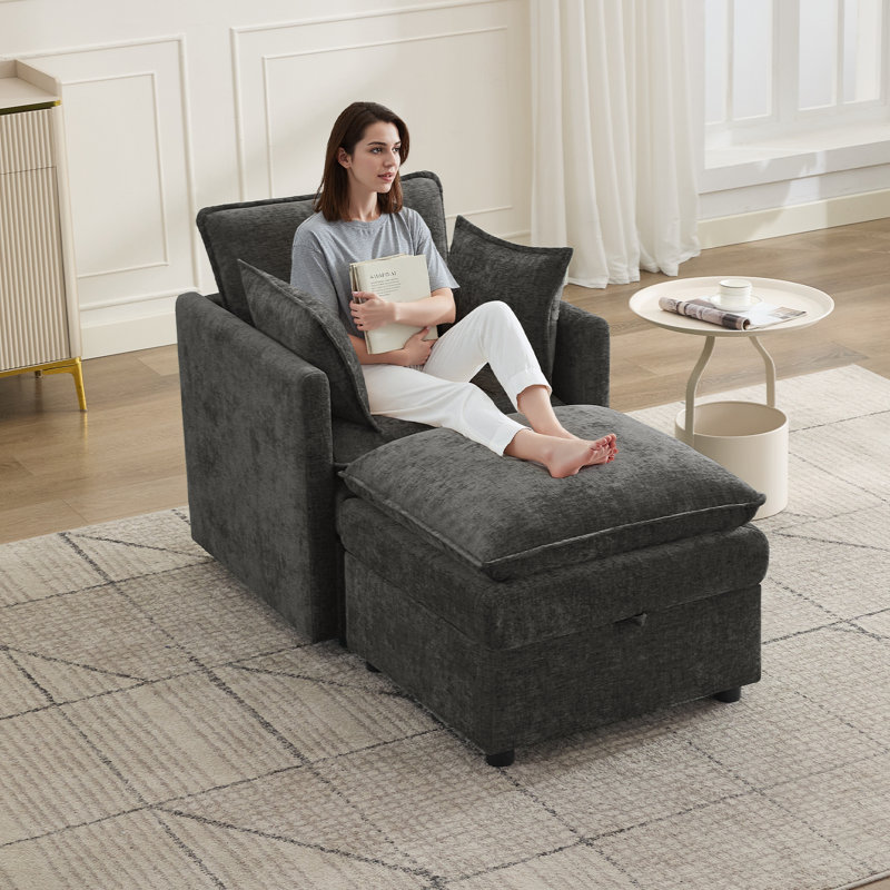Upholstered Accent Armchair & Ottoman Set, Both with Hidden Storage, Dark Gray