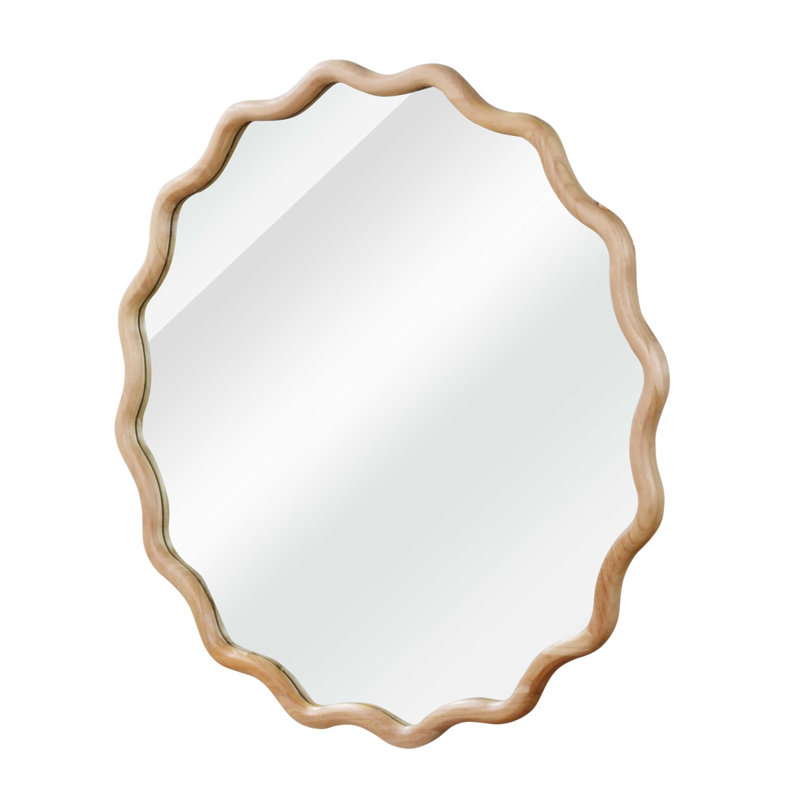 Wavy Round Solid Wood Frame Decorative Mirror,For Bedroom, Bathroom, Living Room, Entryway, 36" x 36", Natural Wood
