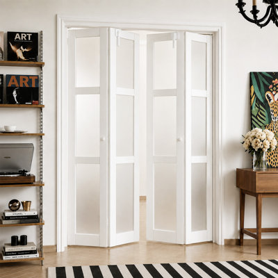 Porte pliante à 3 panneaux en MDF avec porte pliante en verre givré et porte blanche avec poignée et quincaillerie pour économiser de l'espace