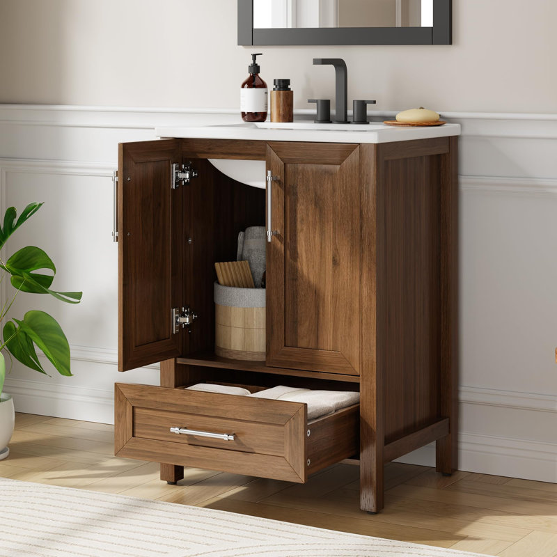 Bathroom Vanity with Ceramic Basin, Bathroom Storage Cabinet with Drawer and 2 Soft Closing Doors, 24", Dark Brown
