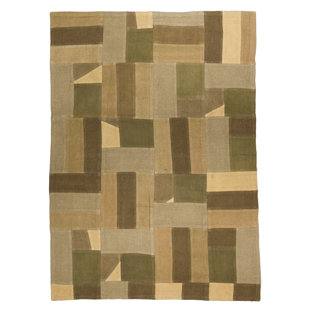 Tapis brun / beige / vert en laine noué à la main de conception unique