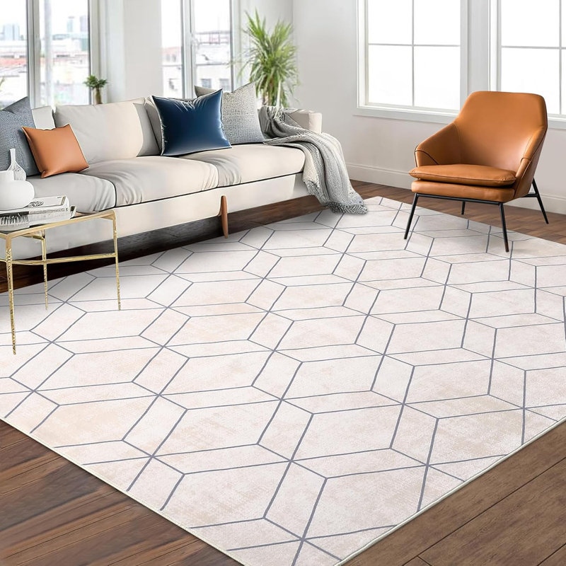 2x6 Washable Modern Runner Rug, Non-Slip, Low Pile, Geometric Pattern for Kitchen, Hallway, Bedroom, Laundry Room, Beige