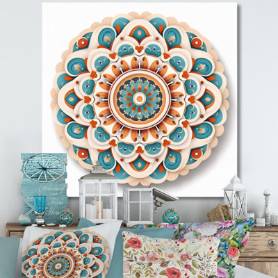 Sacred Mandala In Retro Blue And Orange - Boho Mandala Large Wall Art