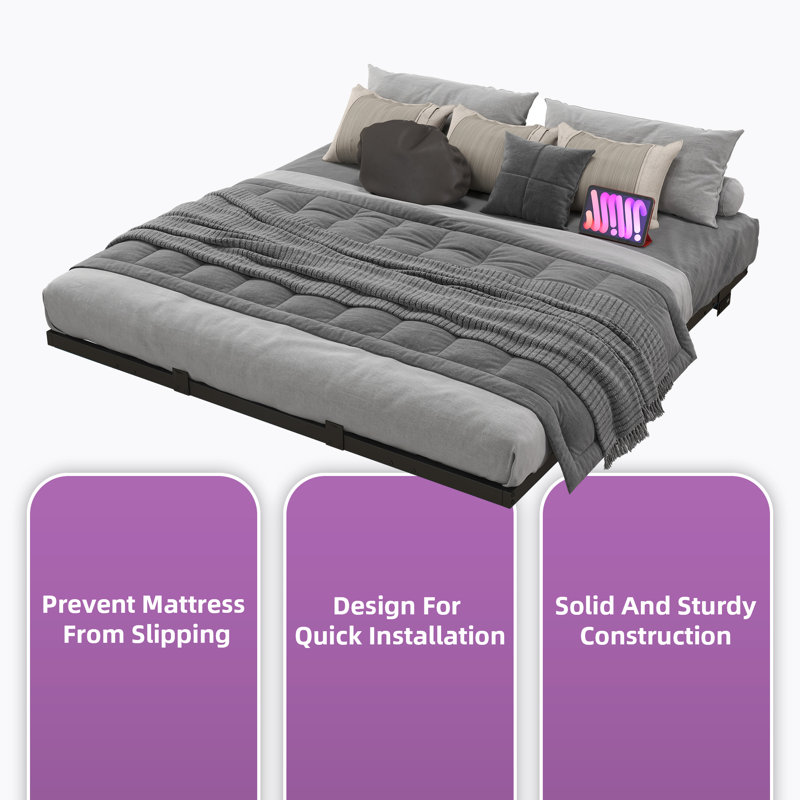 King Black Metal Floating Bed Frame with LED Lights and Charging Station
