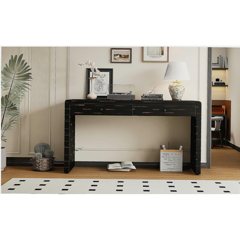Storage curved coffee table, wooden entry table with two drawers, farmhouse style living room table, suitable for entryways, corridors, living rooms, black finish