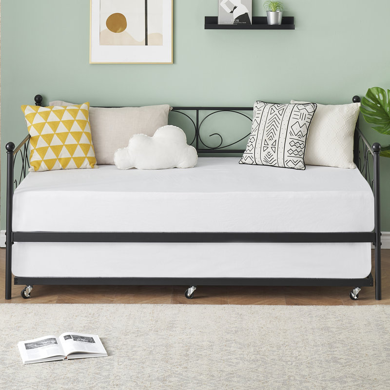 Twin Size Space-Saving Metal Daybed with Pull-Out Trundle, Heavy Duty Steel Slats & Stylish Curved Floral Headboard, Platform Sofa Bed for Living Room or Guest Room, No Box Spring Needed - Black