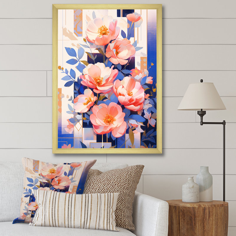 Pivoines, charme serein sur toile, Encadrement doré, H 40 po x l 30 po x P 1,5 po