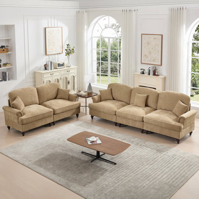 2 Piece Modular Couch Living Room Sofa Set With Arms And Removable Ruffles Pleats Skirts And Spindle Legs, 3 Seater Sofa, 2-Seat Loveseat Sofa Sets
