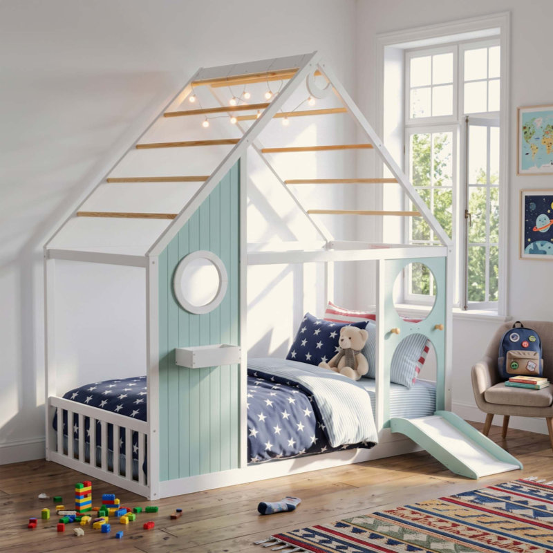 Lit maison avec glissade, bande lumineuse en forme de boule, lit plateforme en bois avec panneau avant, meubles de chambre amusants