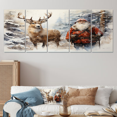 Père Noël et son cerf au pays des merveilles hivernales - Ensemble d'art mural 5 pièces cerf