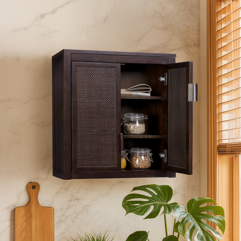 Ameer Modern Boho Over-the-Toilet Storage Wall Cabinet with 2 Rattan Inlay Doors, Adjustable Shelves & Solid Wood, Espresso