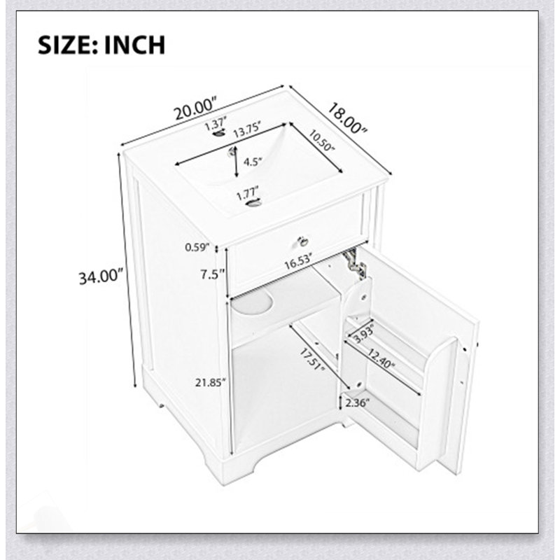 Meuble-lavabo moderne de 20 pouces avec lavabo, porte à fermeture douce, support de rangement et tablette réglable pour les espaces compacts
