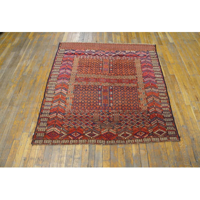 Tapis rouge géométrique antique Baloutche turkmène Tekke Ensi des années 1900 4' 1'' X 4' 6'' Tapis en laine noué à la main 4'1 » x 4'6 » Tapis de zone