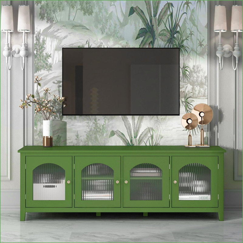 Meuble télé | 71 pouces vert antique | Pin massif | Verre Changhong | Taille du téléviseur: 70 à 79 pouces