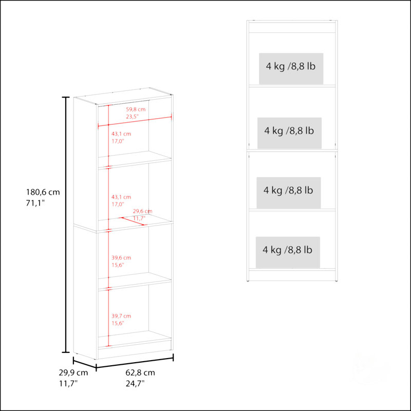 Bibliothèque plate en noyer teinté avec rangement ouvert et 4 tablettes, (4 tablettes) H 71 po x l 24,7 po x P 11,7 po