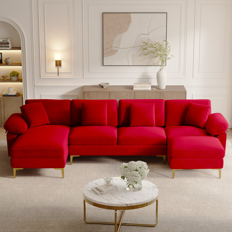 Canapé modulaire en chenille en U 114 po avec méridienne et pieds dorés, Red Chenille