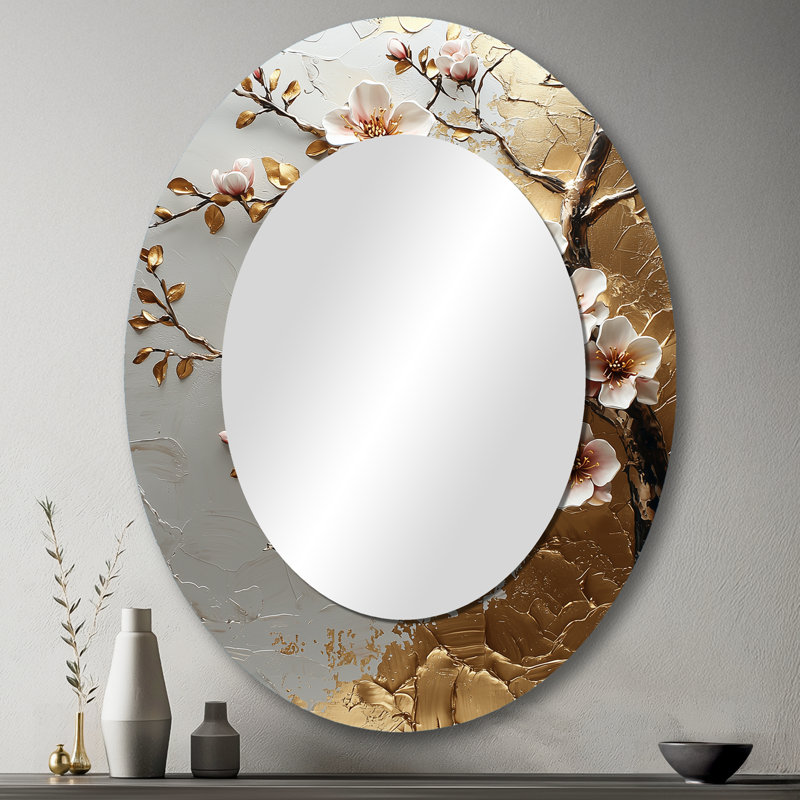 Cerisier rose et doré au bord du lac IV - Miroir décoratif floral ovale sur métal, 43 po x 33 po