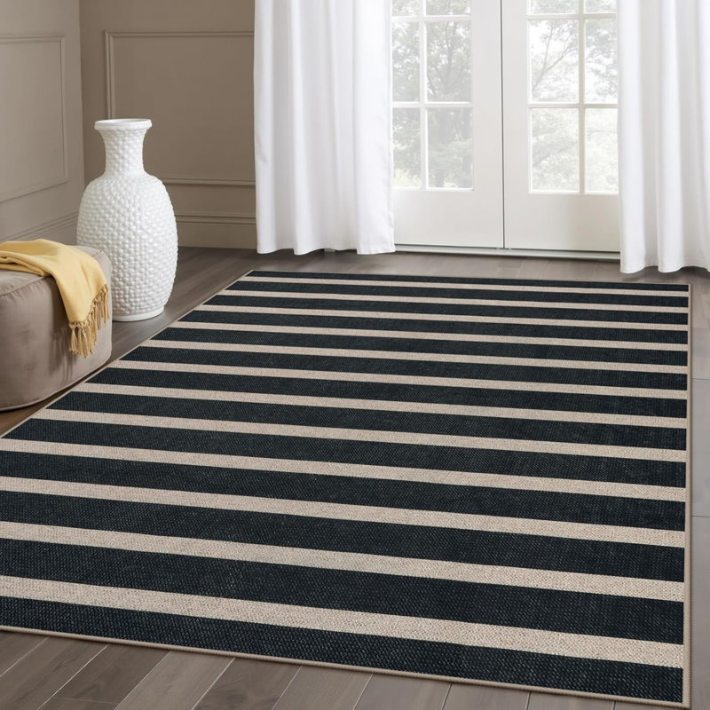 Striped Area Rug for Kitchen Laundry Room, 5 X 7 Ft, Black Beige