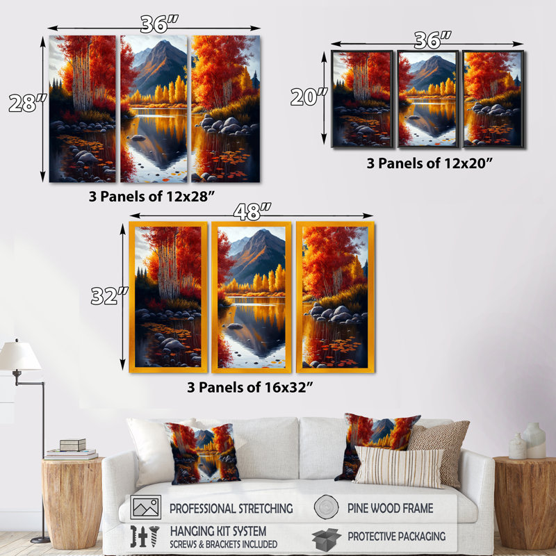 «Lorino Red and Orange Birch Trees By The Lake IV», reproduction sur toile 3 pièces, H 32 po x l 48 po x P 1 po, Cadre blanc