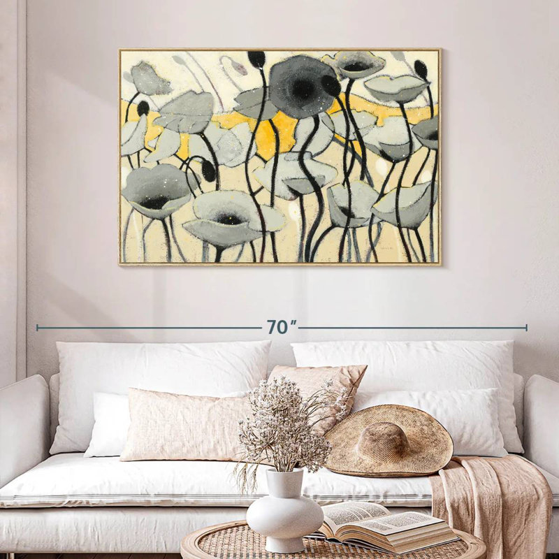 Fleur de jour de neige gris, Cadre flottant en bois naturel, 46 po x 31 po