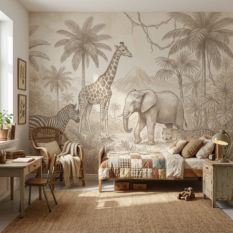 Papier peint safari, girafe, paysage de jungle, L: 210 po x H: 120 po, Non-collé
