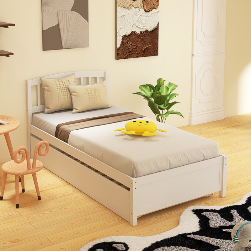 Twin Size Platform Bed Wood Bed Frame With Trundle, White