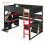 Lit mezzanine moderne en bois avec rangement et bureau, noir et rouge