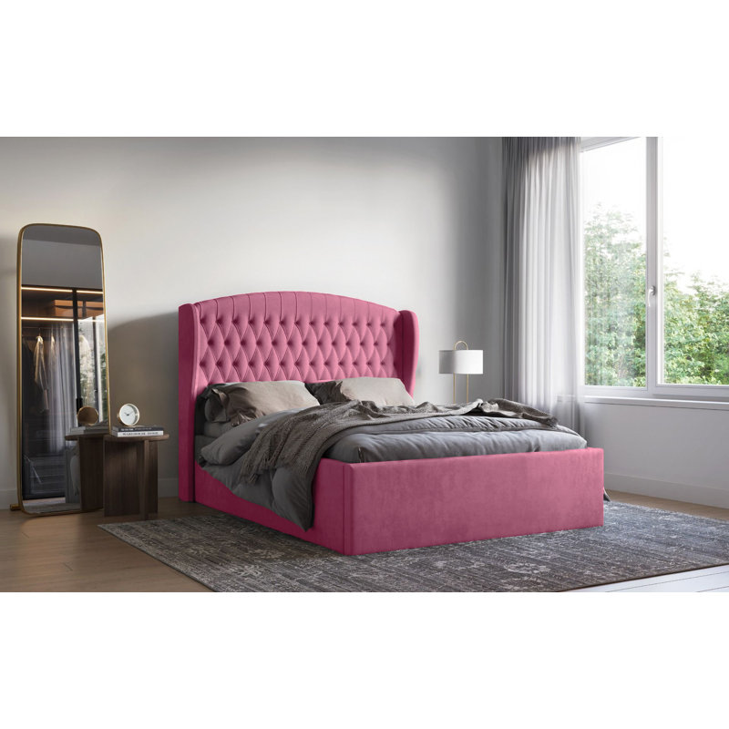 Medau Velvet Upholstered Bed Frame - Padded Headboard, Chrome Feet, Double (4'6), Pink