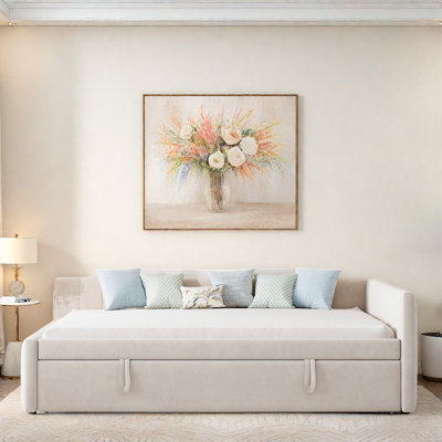 Upholstered L-shaped Daybed With Pop Up Trundle And Vertical Stripe Patterns