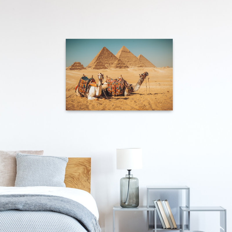 Giza Pyramids And Camels Tranquil Abstract Contemporary Landscape Architecture Wall Art Print by Nagy Karoly - Print